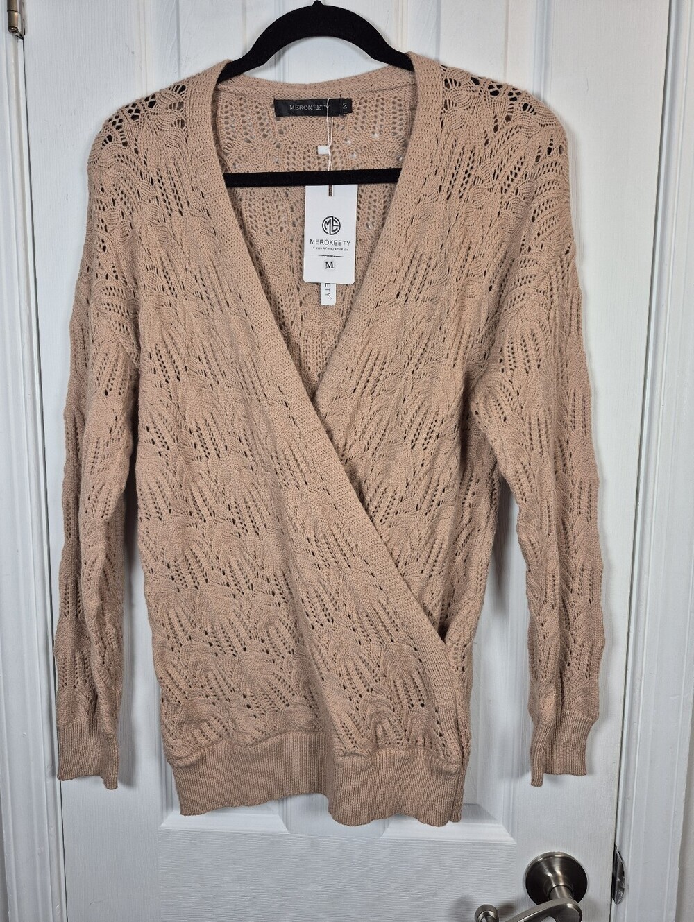 NWT MEROKEETY Beige Faux Wrap V-Neck Open Knit Crochet Pullover Sweater M